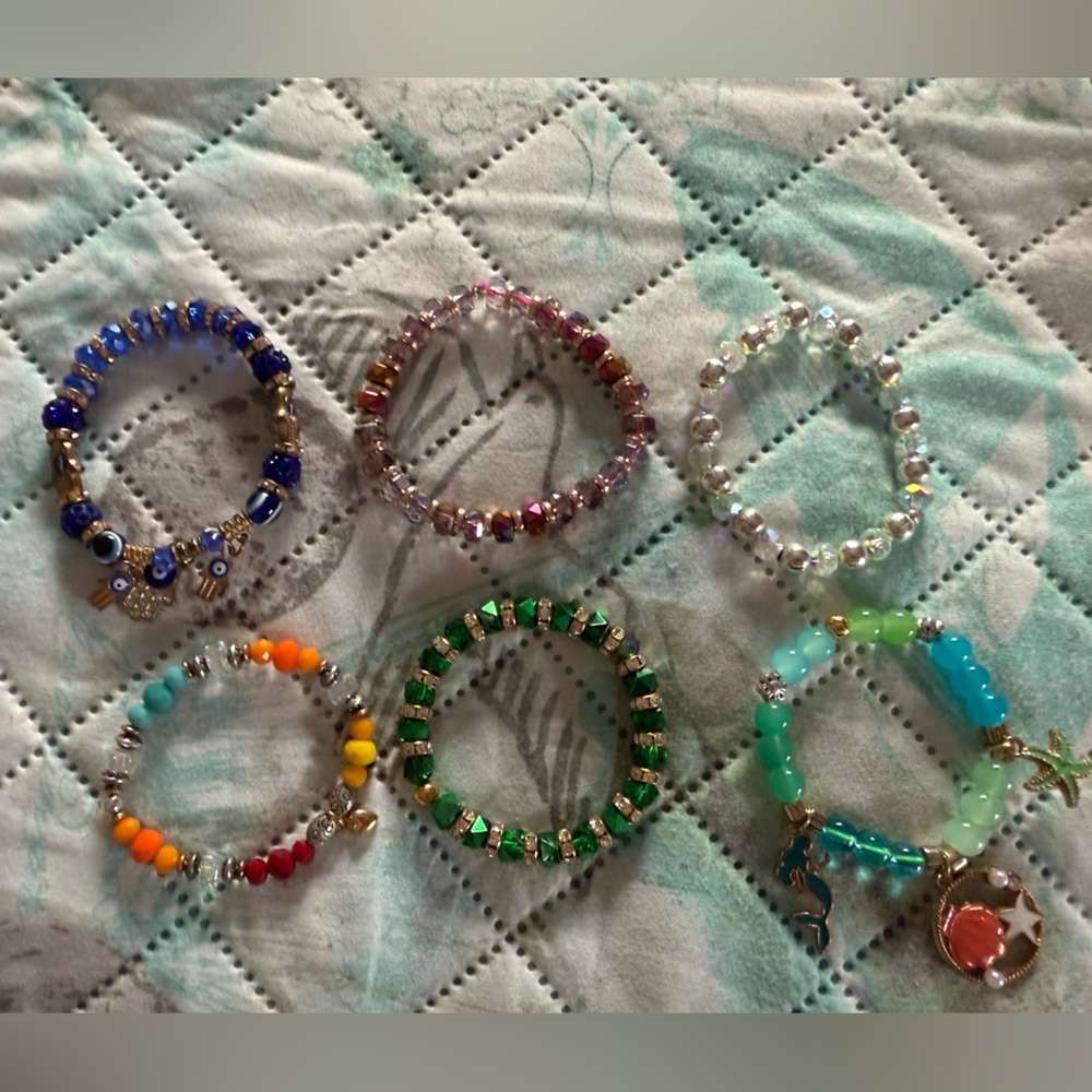 Set of 6 Handmade Colorful Glass Bead Stretchy Bracelets